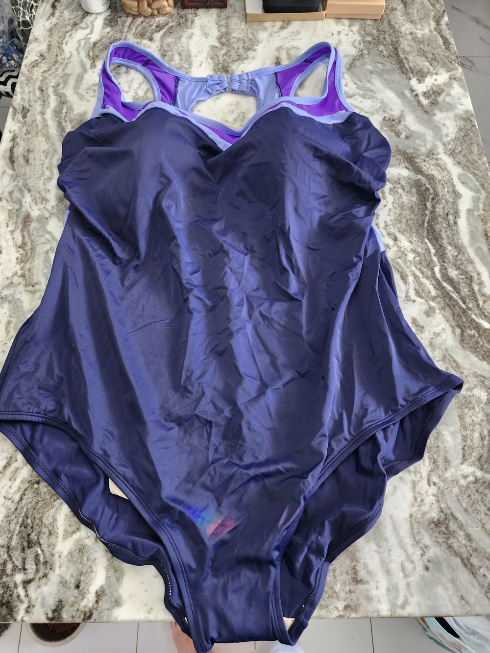 Supportive Navy One-Piece Swimsuit with Purple Trim